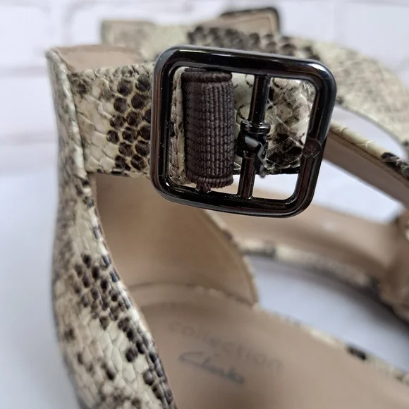 Clarks Snake Print Ankle Strap Block Heel Sandals — Beige/Brown - Picture 4 of 9